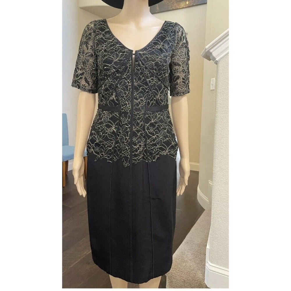 $1046 new J. Mendel black gold lace knee lenght dress Sz 10 12